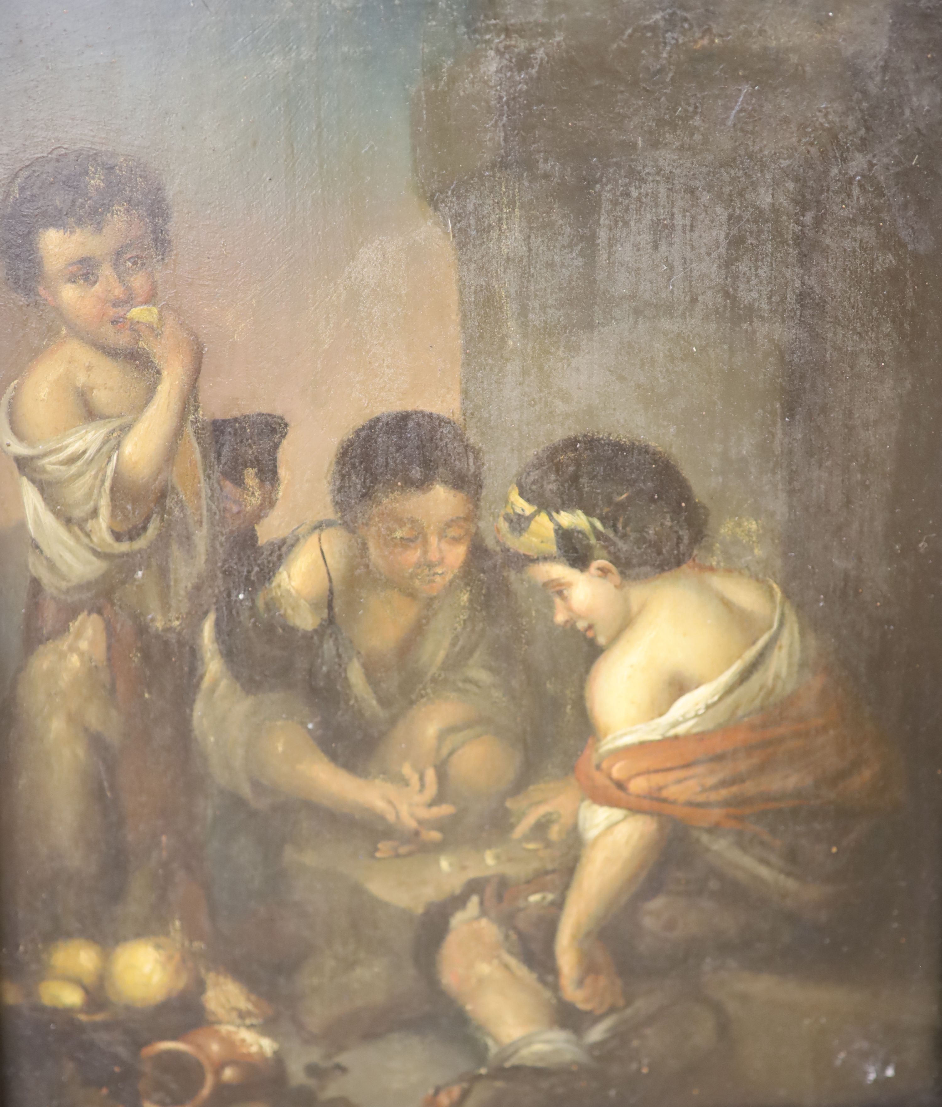 19th century German School, After Murillo, pair of oils on zinc, Children playing dice and telling a fortune, 19 x 16cm